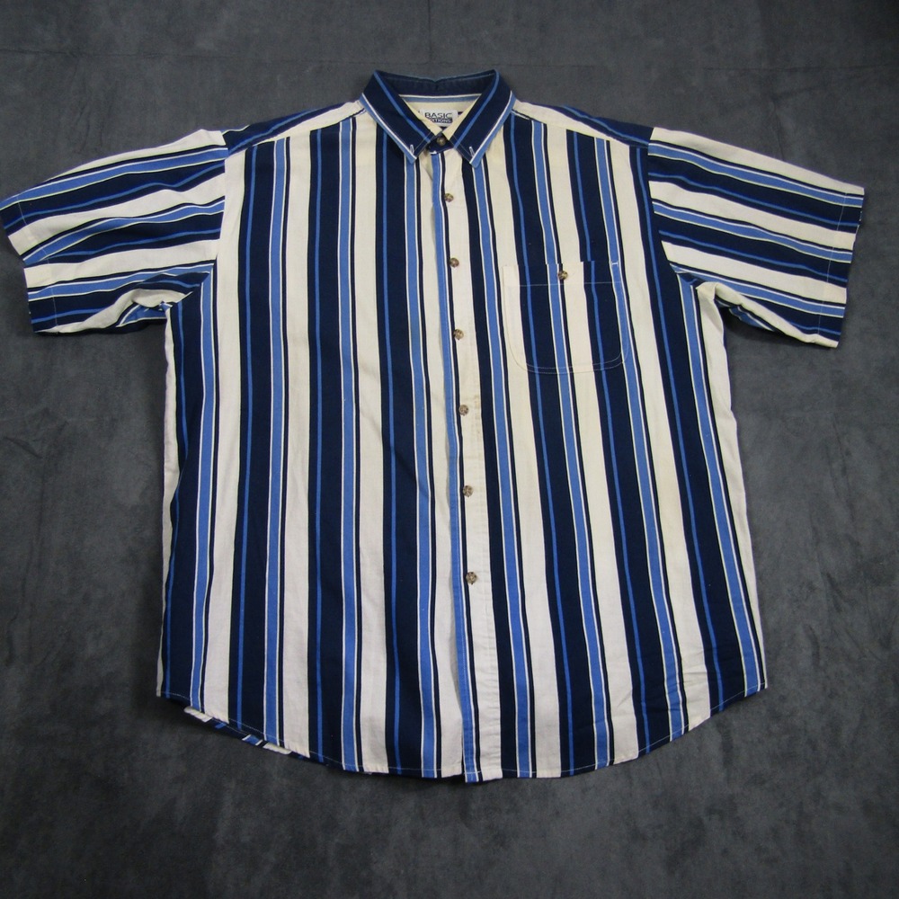 Basic Editions Button Down Shirt Mens XL Blue White Vintage Striped Short Sleeve